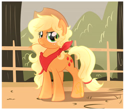 Size: 3418x3000 | Tagged: safe, artist:xwhitedreamsx, applejack, earth pony, pony, alternate hairstyle, bandana, fence, looking at you, loose hair, solo, straw
