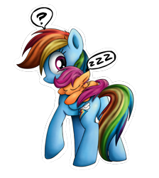 Size: 900x1006 | Tagged: dead source, safe, artist:xioade, rainbow dash, scootaloo, pegasus, pony, cute, cutealoo, ponies riding ponies, question mark, riding, scootalove, sleeping, zzz