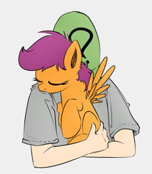 Size: 609x697 | Tagged: safe, artist:xioade, color edit, edit, scootaloo, oc, oc:anon, human, pegasus, pony, carrying, colored, cuddling, cute, cutealoo, eyes closed, female, filly, holding a pony, hug, human on pony snuggling, scootalove, simple background, snuggling, spread wings, weapons-grade cute, white background, wings