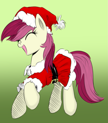 Size: 767x872 | Tagged: safe, artist:xioade, roseluck, earth pony, pony, adorarose, christmas, clothes, costume, cute, drawthread, dress, eyes closed, female, gradient background, green background, hat, holiday, mare, open mouth, raised hoof, santa costume, santa hat, simple background, skirt, smiling, solo