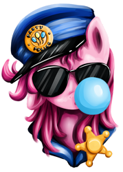 Size: 500x699 | Tagged: dead source, safe, artist:xioade, pinkie pie, earth pony, pony, alternate hairstyle, bubble, bubblegum, clothes, costume, food, gum, looking at you, police, portrait, solo, sunglasses