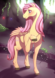 Size: 992x1403 | Tagged: safe, artist:dankflank, fluttershy, horse, pegasus, pony, blushing, cave, cute, female, hoers, mare, raised hoof, realistic, shyabetes, solo