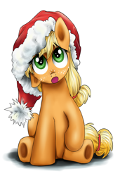 Size: 600x875 | Tagged: dead source, safe, artist:xioade, applejack, earth pony, pony, filly, hat, looking up, santa hat, sitting, solo, underhoof