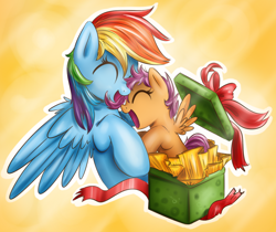 Size: 890x748 | Tagged: safe, artist:xioade, rainbow dash, scootaloo, pegasus, pony, box, eyes closed, female, filly, hug, mare, pony in a box, present, scootalove