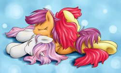 Size: 900x545 | Tagged: dead source, safe, artist:xioade, apple bloom, scootaloo, sweetie belle, pony, unicorn, adorabloom, cuddle puddle, cute, cutealoo, cutie mark crusaders, diasweetes, eyes closed, female, mare, messy mane, older, on side, pile, pony pile, prone, sleeping, underhoof