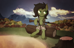 Size: 5088x3317 | Tagged: safe, artist:thehuskylord, edit, oc, oc:anon filly, earth pony, pony, clothes, cloud, female, filly, fn fal, forest, frown, gun, hill, log, mountain, rhodesia, rifle, solo, tree, tree stump, uniform, weapon