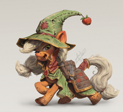 Size: 1200x1100 | Tagged: safe, artist:assasinmonkey, applejack, earth pony, pony, clothes, cute, digital art, female, final fantasy, freckles, geomancer, hat, jackabetes, mare, mud, open mouth, signature, simple background, solo, white background, wizard hat