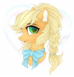Size: 1865x1940 | Tagged: safe, artist:vird-gi, applejack, earth pony, pony, alternate hairstyle, bowtie, braid, bust, chest fluff, cute, ear fluff, female, jackabetes, mare, open mouth, portrait, profile, solo