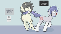 Size: 2800x1575 | Tagged: safe, artist:triplesevens, oc, oc only, oc:short fuse, oc:triple sevens, pony, unicorn, dialogue, duo, horn, mouth hold, scared, socks (coat marking), speech bubble, tail, tail pull, trypanophobia, unicorn oc