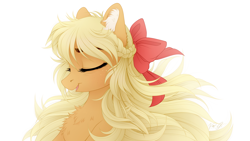 Size: 1920x1080 | Tagged: safe, artist:vird-gi, applejack, earth pony, pony, alternate hairstyle, beautiful, bow, braid, bust, chest fluff, cute, ear fluff, eyes closed, female, hair bow, jackabetes, loose hair, mare, open mouth, open smile, portrait, simple background, smiling, solo, white background, windswept mane