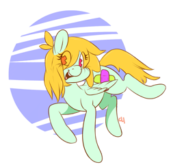 Size: 973x950 | Tagged: safe, artist:chaosllama, oc, oc only, oc:braindead, pegasus, pony, abstract background, female, hair over eyes, hidden cutie mark, open mouth, pegasus oc, simple background, smiling, solo, x eyes