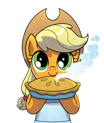 Size: 1987x2340 | Tagged: safe, artist:agnesgarbowska, edit, idw, applejack, earth pony, pony, spoiler:comic, spoiler:comic72, apple, apple pie, applejack's hat, apron, background removed, clothes, cowboy hat, cropped, cute, female, food, hat, hoof hold, jackabetes, looking at you, mare, pie, simple background, solo, steam, stetson, transparent background