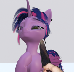 Size: 811x791 | Tagged: safe, artist:valiant studios, edit, twilight sparkle, twilight sparkle (alicorn), alicorn, human, 3d, dimensional shift, female, hand, knife, knife cat, meme, ponified meme, smug, solo