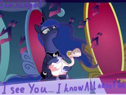 Size: 2000x1500 | Tagged: safe, edit, edited screencap, screencap, princess luna, alicorn, bird, goose, pony, sparkle's seven, animal, duo, ethereal mane, female, lidded eyes, luna petting goose, mare, speech, starry mane, throne