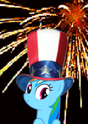 Size: 435x610 | Tagged: safe, rainbow dash, pegasus, pony, america, animated, fireworks, fourth of july, gif, hat, independence day, murica, top hat