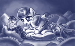 Size: 1080x660 | Tagged: safe, artist:theofficialwheel, diamond tiara, silver spoon, earth pony, pony, bed, blanket, book, cute, duo, female, filly, lantern, lesbian, pillow, reading, sleeping