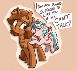 Size: 2109x1965 | Tagged: safe, artist:modularpon, cozy glow, oc, oc:sign, pegasus, pony, unicorn, :t, ableism, body writing, bully, bullying, dialogue, female, filly, floppy ears, flying, foal, frown, lidded eyes, mare, mean, mute, open mouth, poking, question, rude, simple background, smiling, smirk, speech bubble, spread wings, tan background, teasing, text, wings