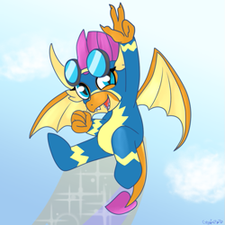 Size: 671x671 | Tagged: safe, artist:anonymous, smolder, dragon, /mlp/, 4chan, clothes, cute, dragoness, drawthread, fangs, female, flying, goggles, happy, smolderbetes, solo, uniform, wonderbolts, wonderbolts uniform