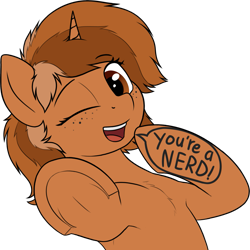 Size: 1835x1835 | Tagged: safe, artist:zippysqrl, oc, oc only, oc:sign, pony, semi-anthro, unicorn, armpits, body writing, bust, chest fluff, female, freckles, looking at you, mare, mute, nerd, one eye closed, open mouth, pointing, pointing at you, simple background, solo, transparent background, underhoof, wink