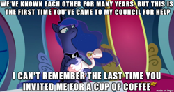 Size: 610x323 | Tagged: safe, edit, edited screencap, screencap, princess luna, alicorn, bird, goose, pony, sparkle's seven, animal, caption, duo, ethereal mane, female, image macro, lidded eyes, luna petting goose, mare, meme, starry mane, text, the godfather, throne, throne room, vito corleone