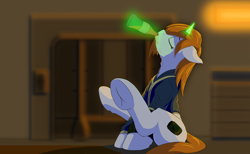 Size: 2400x1480 | Tagged: safe, artist:kpvt, oc, oc only, oc:littlepip, pony, unicorn, fallout equestria, clothes, drink, fanfic, fanfic art, female, glowing horn, levitation, magic, mare, pipbuck, soda, solo, sparkle cola, telekinesis, underhoof, vault suit
