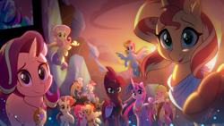 Size: 4444x2500 | Tagged: safe, artist:light262, applejack, discord, fizzlepop berrytwist, fluttershy, pinkie pie, rainbow dash, rarity, spike, starlight glimmer, sunset shimmer, tempest shadow, trixie, twilight sparkle, twilight sparkle (alicorn), alicorn, draconequus, dragon, earth pony, pegasus, pony, unicorn, armor, beautiful, broken horn, cheek fluff, cutie mark, digital art, ear piercing, end of ponies, eye scar, female, flying, glowing horn, happy birthday mlp:fim, hoof shoes, horn, looking at you, male, mane seven, mane six, mare, memorable, mlp fim's ninth anniversary, one eye closed, open mouth, open smile, outstretched hoof, peytral, piercing, scar, smiling, smiling at you, sunset, ultimate twilight, winged spike, wings, wink