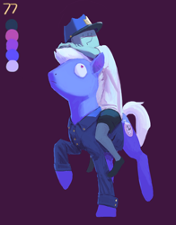 Size: 952x1213 | Tagged: safe, artist:rhorse, oc, oc only, oc:anon, challenge, clothes, patrol, police, pony ride, ride, sleepy, startled, uniform
