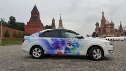 Size: 1024x576 | Tagged: artist needed, safe, princess celestia, alicorn, car, car wrap, female, irl, irl car, onion dome, russia, saint basil's cathedral, wrap