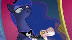 Size: 800x450 | Tagged: safe, edit, edited screencap, screencap, princess luna, alicorn, bird, goose, pony, sparkle's seven, animal, caption, crown, duo, ethereal mane, female, frown, image macro, jewelry, just as planned, luna petting goose, mare, meme, pathetic, peytral, principal skinner, reaction image, regalia, solo, starry mane, text, the simpsons