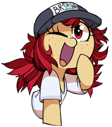 Size: 903x1026 | Tagged: safe, artist:whydomenhavenipples, oc, oc only, cute, foal, hat, mlp con, shirt, solo, transparent background