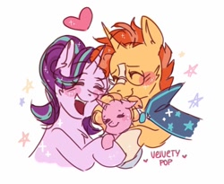 Size: 1080x886 | Tagged: safe, artist:velvety_pop, luster dawn, starlight glimmer, sunburst, pony, unicorn, blushing, foal, headcanon, heart, luster dawn is starlight's and sunburst's daughter, male, mare, open mouth, shipping, simple background, smiling, stallion, starburst, straight, white background