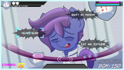 Size: 1920x1080 | Tagged: safe, artist:triplesevens, oc, oc only, oc:lucid dream, earth pony, pony, bags under eyes, crossover, danganronpa, danganronpa 2, dutch angle, fake screenshot, ponified, shield, smiling, solo, text, video game