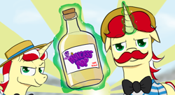 Size: 1024x557 | Tagged: safe, artist:tkuroneko, flam, flim, pony, unicorn, /mlp/, 4chan, amazing horse, bottle, crossover, drawthread, duo, flim flam brothers, floppy ears, looking at you, magic, ponified