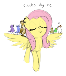 Size: 306x352 | Tagged: safe, artist:anonymous, fluttershy, bird, chicken, pegasus, pony, /mlp/, 4chan, :v, chick magnet, chicks, cute, drawthread, eyes closed, female, mare, proud, pun, shyabetes, simple background, sitting on wing, smiling, solo, spread wings, standing, text, weapons-grade cute, white background, wing shelter, wings
