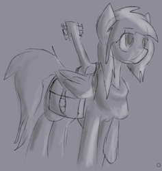 Size: 657x692 | Tagged: safe, artist:candel, oc, oc only, oc:candlelight, pegasus, pony, clothes, guitar, male, saddle bag, scarf, simple background, sketch, solo