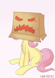 Size: 2507x3541 | Tagged: safe, artist:triplesevens, fluttershy, pegasus, pony, box, chest fluff, costume, missing cutie mark, monster, simple background, sitting, white background, wingless
