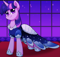 Size: 1009x953 | Tagged: safe, artist:anonymous, twilight sparkle, pony, unicorn, /mlp/, 4chan, clothes, cute, drawthread, dress, female, hoof shoes, implied princess luna, looking at you, mare, night, solo, stars, twiabetes