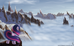 Size: 1900x1200 | Tagged: dead source, safe, artist:sonicrainboom93, twilight sparkle, unicorn twilight, pony, unicorn, cloud, cloudy, female, mare, mountain, mountain range, painting, scenery, scenery porn, signature, solo, windswept mane