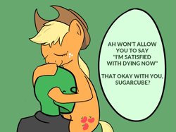 Size: 705x526 | Tagged: safe, artist:anonymous, applejack, oc, oc:anon, earth pony, human, pony, /mlp/, 4chan, applejack's hat, cowboy hat, cute, drawthread, duo, hat, jackabetes, ponified, simple background, sugarcube, text, tiny evil