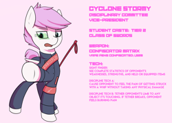 Size: 2800x2000 | Tagged: safe, artist:triplesevens, oc, oc only, oc:cyclone stormy, pegasus, pony, clothes, sash, school uniform, simple background, text