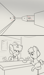 Size: 1137x1917 | Tagged: safe, artist:triplesevens, oc, pony, city, colt, cyberpunk, cyoa, female, food, ghetto, male, metro, monochrome, nil quest, noodles, tunnel, underground