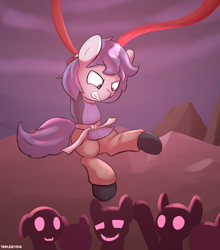 Size: 2000x2270 | Tagged: safe, artist:triplesevens, oc, oc:triple sevens, demon, pony, unicorn, clothes, colt, fight, foal, hell, male, mountain, robes, smiling, struggling, tentacles