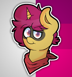 Size: 880x937 | Tagged: safe, artist:retrohearts, oc, oc only, oc:myah, pony, unicorn, bandana, bust, cute, looking at you, male, outline, smiling, smirk, smug