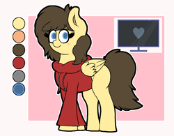Size: 1455x1132 | Tagged: safe, artist:retrohearts, oc, oc:retro hearts, pegasus, pony, clothes, color palette, cutie mark, female, hoodie, mare, reference sheet, simple background, smiling, wings