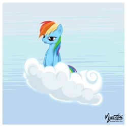 Size: 858x858 | Tagged: dead source, safe, artist:mysticalpha, rainbow dash, pegasus, pony, cloud, ear fluff, female, hooves, mare, on a cloud, open mouth, sitting, sitting on cloud, solo, unamused, wings