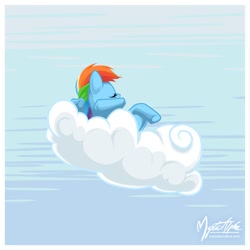 Size: 858x858 | Tagged: dead source, safe, artist:mysticalpha, rainbow dash, pegasus, pony, cloud, eyes closed, female, hooves, lying on a cloud, mare, on a cloud, on back, sleeping, sleepydash, solo, wings