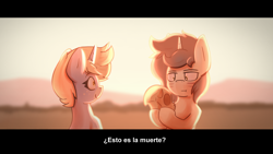 Size: 1920x1080 | Tagged: safe, artist:triplesevens, oc, oc only, oc:nootaz, oc:short fuse, pony, unicorn, black bars, desert, drawing, duo, face paint, holding, mountain, outdoors, skull, spanish, sunset, text