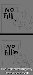 Size: 439x1000 | Tagged: safe, artist:anonymous, oc, oc:anon filly, earth pony, pony, /mlp/, 4chan, arthur, caption, drawthread, female, filly, illiterate, meme, monochrome, ponified, ponified meme, solo, text
