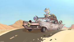 Size: 3556x2000 | Tagged: safe, artist:triplesevens, oc, oc only, oc:kona, oc:longfolia, oc:nootaz, oc:short fuse, oc:triple sevens, earth pony, unicorn, zebra, bumper sticker, burger king crown, car, desert, driving, gold, gun, high res, outdoors, post-apocalyptic, road, scepter, shotgun, sign, spear, toilet paper, twilight scepter, weapon