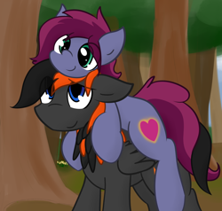 Size: 1386x1320 | Tagged: safe, artist:candel, oc, oc only, oc:blazing heart, oc:crafted sky, earth pony, hippogriff, pony, blafted, cute, feather, forest, neck feathers, ponies riding hippogriffs, ponies riding ponies, shipping, smiling, wings